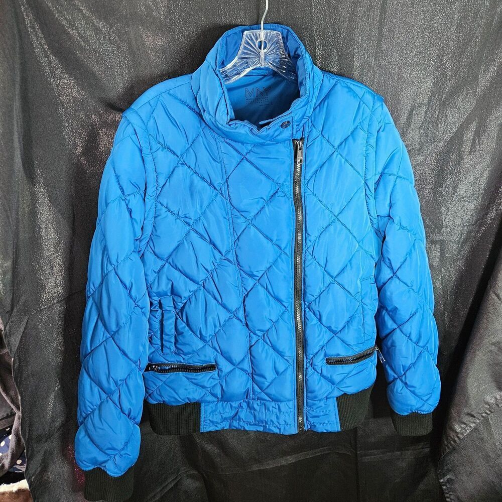 Marc New York Blue Diamond Quilted Moto Bomber Jacket High Collar Puffer Large
